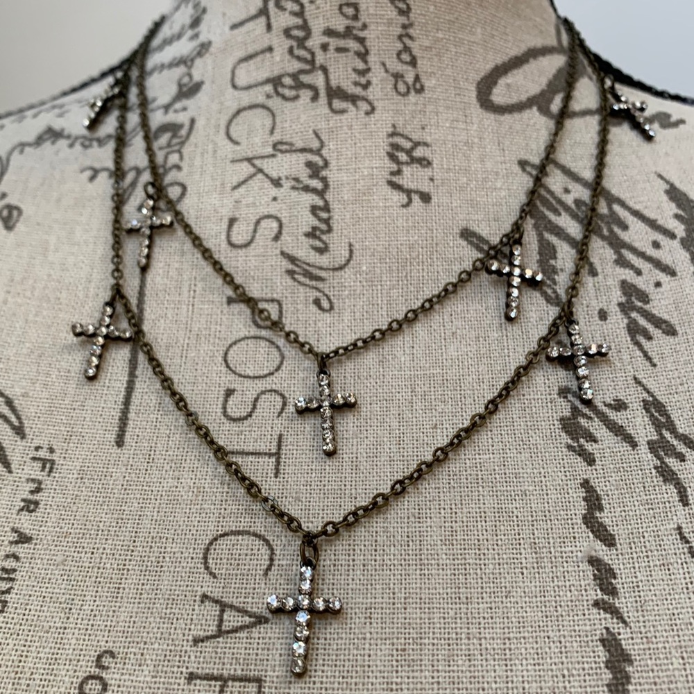 EUC Rhinestone Crosses Double Strand Necklace
